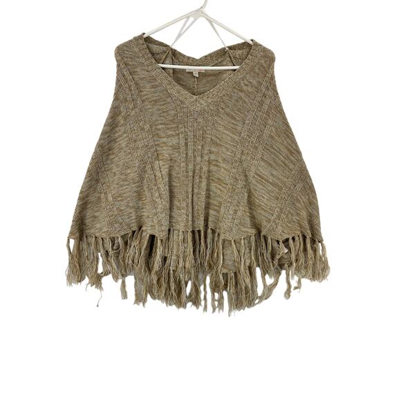 GB Sweaters - GB Cream and Tan Poncho Shrug with Fringe, XS, Preowned